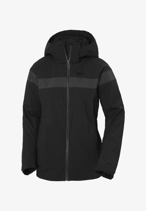 Schwarze Jacke mit Reißverschluss vorne, Kapuze und zwei farblich abgestimmten Streifen über der Brust. Hergestellt aus witterungsbeständigem Material mit glatter Textur.