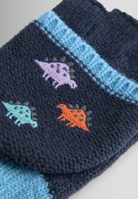 Tummansininen neule-sukkat, joissa on vaaleansininen resori. Niissä on kolme brodeeratua dinosaurusta: purppura, oranssi ja teal-väri, joissa on mustia laikkuja.