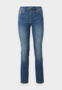 Jeans de mezclilla azul de corte medio con pierna recta, que cuentan con una textura suave, un leve desvanecimiento y un diseño clásico de cinco bolsillos con cierre de botón.