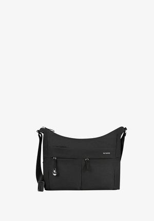 Sac bandoulière noir avec sangle ajustable, deux poches avant zippées et un petit logo Samsonite argenté sur le côté supérieur droit.