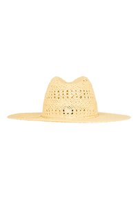 Široký slaměný klobouk s kruhovým, tkaným vzorem, v jasně béžové barvě a s otvorovým vzorem na vrcholu pro větrání.