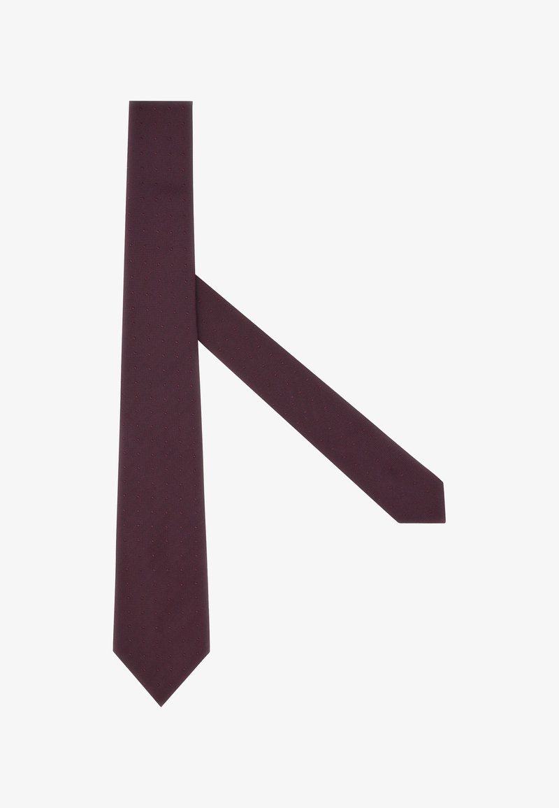 Tumši burgundu krāsu kaklasaita ar teksturētu virsmu, kurā ir mazi izvirzīti punkti. Tradicionāla šaura forma ar norādītu galu un nedaudz platāku galu.
