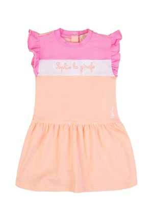 Vestito rosa e pesca per bambina con maniche arricciate, ricamo "Sophie la girafe" e piccolo logo della giraffa vicino all'orlo.