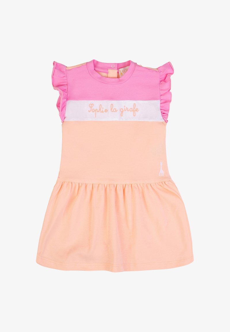 Vestito rosa e pesca per bambina con maniche arricciate, ricamo "Sophie la girafe" e piccolo logo della giraffa vicino all'orlo.