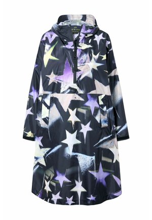 Impermeabile, giacca a vento con cappuccio caratterizzata da una base scura con motivi di stelle colorate in viola, blu e crema. Include tasche frontali e chiusura con zip.