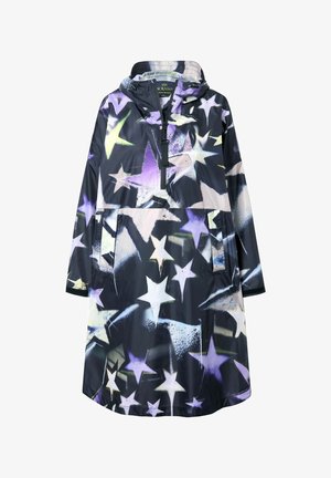 Vandtæt, hættejakke med en mørk bund og farverige stjernemønstre i lilla, blå og creme. Inkluderer forlommer og lynlåslukning.