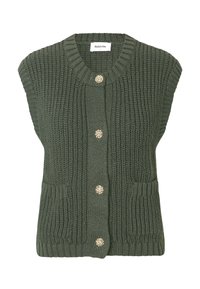 Πράσινο, πλεκτό αμάνικο κασκόλ με στρογγυλή λαιμόκοψη, πέντε διακοσμητικά χρυσά κουμπιά και δύο μπροστινές τσέπες. Υφασμα με υφή σε όλη την επιφάνεια.