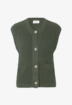 Groene, gebreide mouwloze cardigan met een ronde halslijn, vijf decoratieve gouden knopen en twee voorzakken. Geweven stof over het geheel.