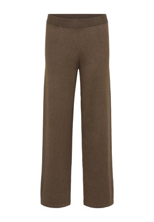 Pantalons en tricot marron à jambe large avec taille élastique, coupe droite, sans fermetures ni poches visibles.