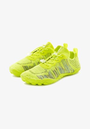 Pair of neon yellow lightweight athletic shoes with multicolor knit pattern and quick-pull laces, on a white background.