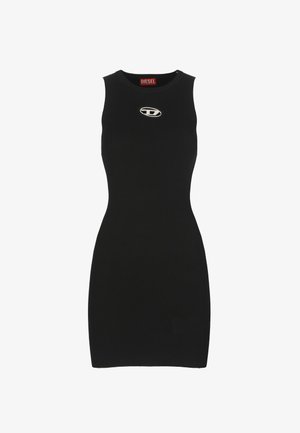 Vestito tubino nero a coste con silhouette aderente, scollatura rotonda e un evidente logo argentato sul petto.