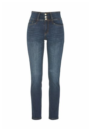Höga midjejeans i mörkblått, med en figursydd silhuett, treknappslås och två framfickor med kontrasterande sömmar.