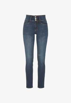 Hoch geschnittene Jeans aus Denim in Dunkelblau, mit taillierter Silhouette, dreifacher Knopfverschluss und zwei Vordertaschen mit kontrastierendem Stich.