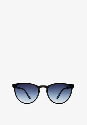 Czarne okrągłe okulary przeciwsłoneczne z niebieskimi soczewkami o gradientowym zabarwieniu i cienkimi oprawkami, przedstawione na białym tle.