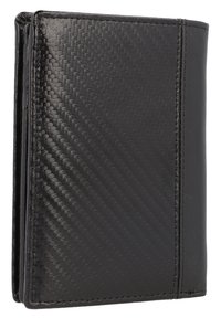 Black wallet made from a combination of smooth leather and carbon fiber texture. Features a simple, folded design with visible stitching.