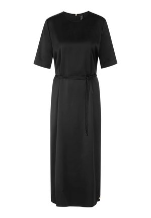 Schwarzes, midi-langes Satinkleid mit kurzen Ärmeln, rundem Ausschnitt und einem gebundenen Gürtel in der Taille. Verfügt über einen Reißverschluss am Rücken und einen geraden Schnitt.