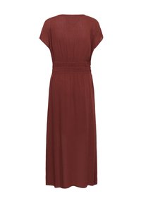 Robe midi marron rouille avec manches courtes, taille cintrée et tissu texturé, vue de dos sur fond blanc.