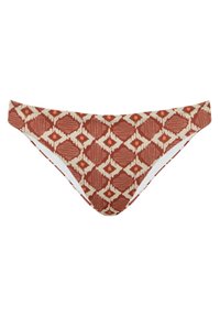 Parte inferior de bikini de baño con un patrón geométrico en marrón rojizo y crema. El material es suave, con cobertura de talle bajo y forro blanco.