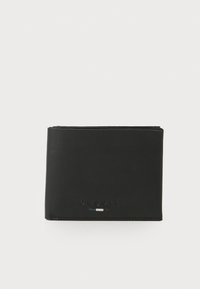 Portefeuille en cuir noir avec une texture lisse, de forme rectangulaire, logo en relief, et une bande d'accent colorée en bas.