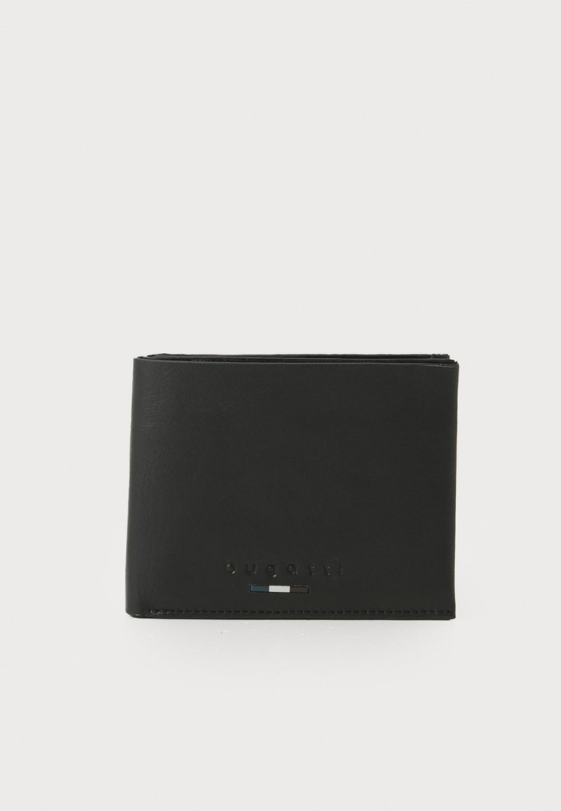Portefeuille en cuir noir avec une texture lisse, de forme rectangulaire, logo en relief, et une bande d'accent colorée en bas.