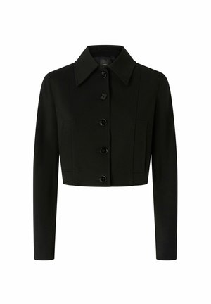 Chaqueta negra corta hecha de tela suave, con un collar puntiagudo, seis botones y bolsillos laterales para un diseño funcional.