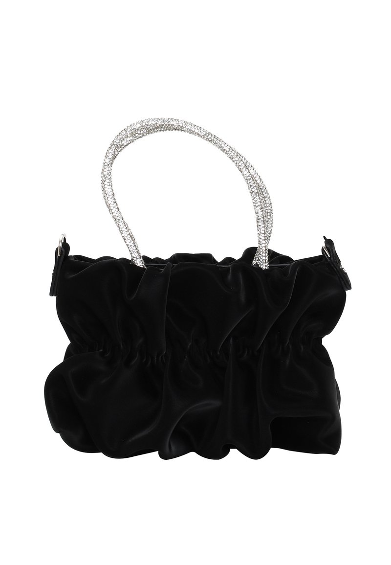 Schwarze Satin-Handtasche mit einem gerafften Design, ausgestattet mit einem mit Pailletten besetzten silbernen Griff und einem Reißverschluss auf einer Seite.