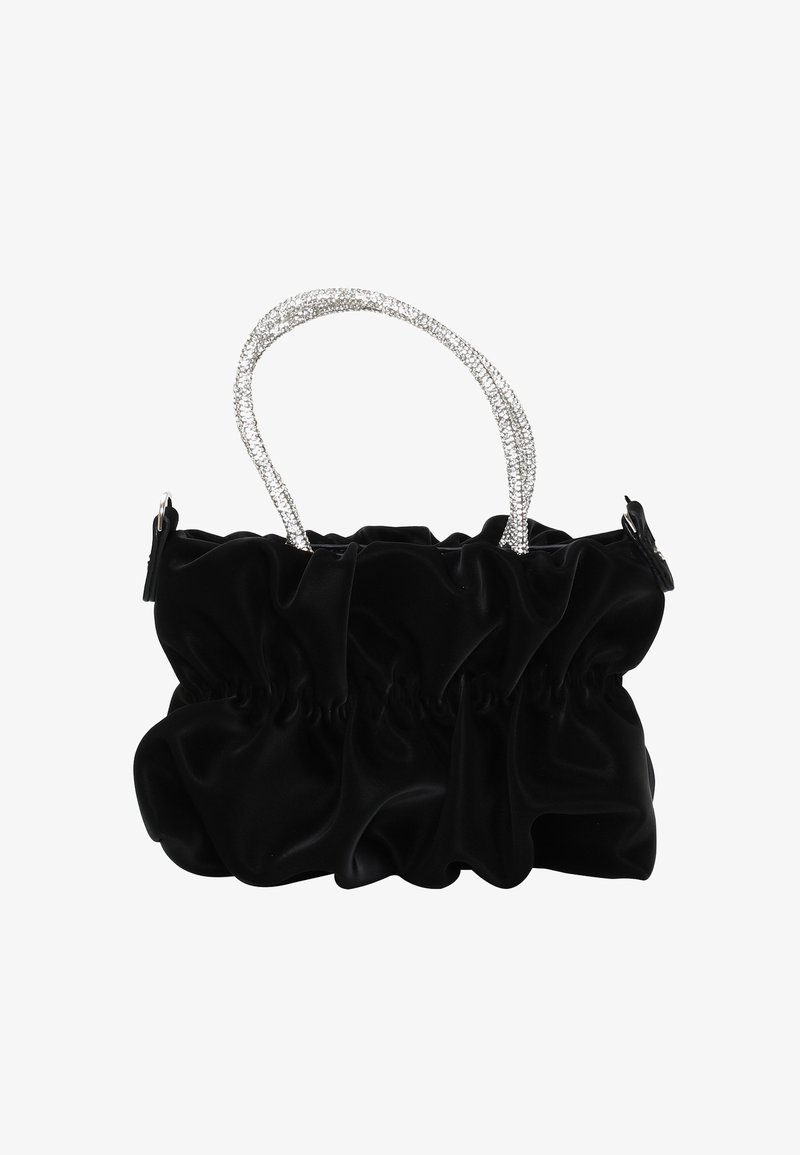 Sac à main en satin noir avec un design froncé, doté d'une poignée en sequins argentés et d'une fermeture éclair sur un côté.