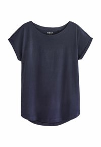 Marineblauw T-shirt met korte mouwen van een zachte stof, ronde halslijn en een licht gebogen zoom. Etiket zichtbaar op de hals met het merk "NEXT."