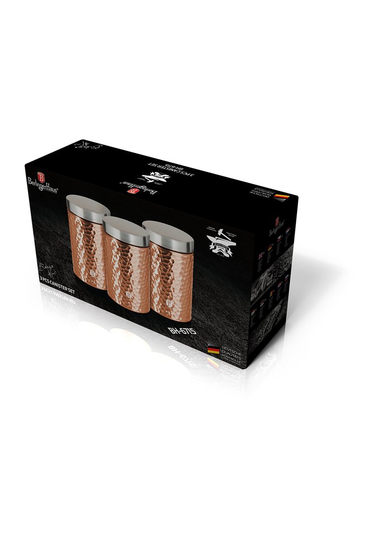 Set von drei Behältern mit einem gehämmerten Kupferfinish und Edelstahldeckeln, präsentiert in einer schwarzen dekorativen Verpackung.