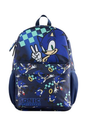 Blå rygsæk med flere Sonic the Hedgehog-figurer, gyldne ringe og blåt ternet mønster med frontlynlås og side-mesh rum.