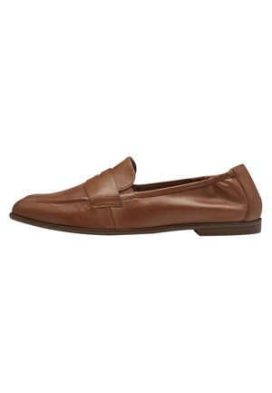 Brune læder loafers med en glat tekstur, rundet tå og en syningsdetalje på fronten. Tynd flad sål til afslappet brug.