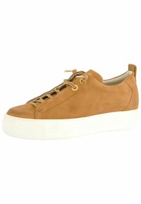 Sneaker in suede color nocciola con suola in gomma bianca, con occhielli dorati, lacci piatti e punta arrotondata.