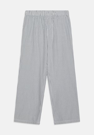 Pantalons large rayés bleu et blanc avec une taille élastique, fabriqués dans un tissu respirant et dotés de ourlets nets, adaptés pour un usage décontracté.