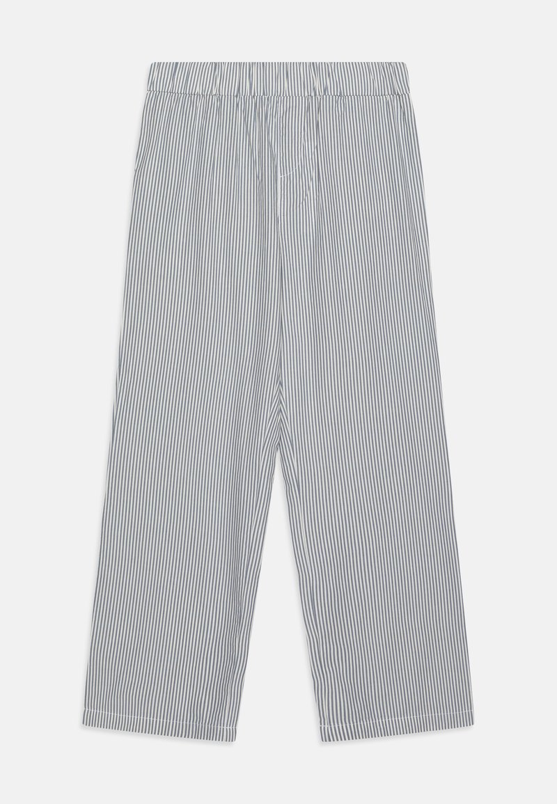 Modré a bílé pruhované kalhoty širokého střihu s elastickým pasem, vyrobené z prodyšné látky a s čistými lemy, vhodné pro každodenní nošení.