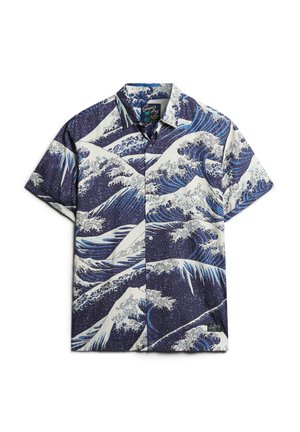Kurzarm-Hemd mit Knöpfen aus leichtem Stoff, das ein blau-weißes Wellenmuster auf navy Hintergrund zeigt.