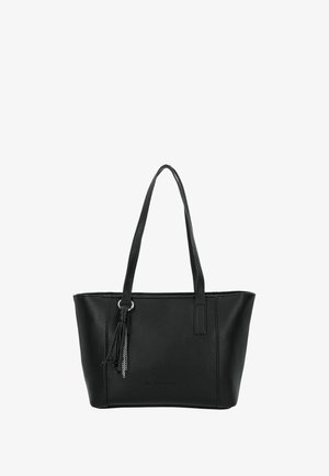 Sac fourre-tout en cuir noir avec une texture lisse, deux longues poignées, des accents en métal argenté et un pompon décoratif sur le côté.