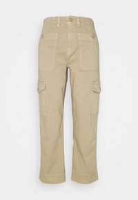 Khaki cargo-housut suoran lahkeen muotoilulla, joissa on sivu- ja takataskut sekä napin yksityiskohtia. Valmistettu kestävästä kankaasta, jossa on sileä rakenne.