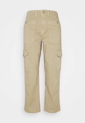 Pantaloni cargo color khaki con design a gamba dritta, dotati di tasche laterali e posteriori, e dettagli con bottoni. Realizzati in un tessuto resistente con una texture liscia.