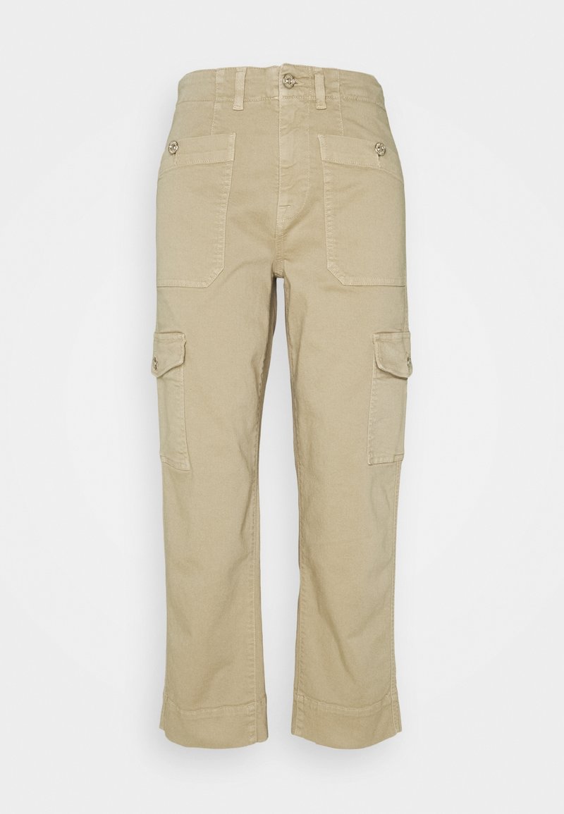 Khaki cargo-housut suoran lahkeen muotoilulla, joissa on sivu- ja takataskut sekä napin yksityiskohtia. Valmistettu kestävästä kankaasta, jossa on sileä rakenne.