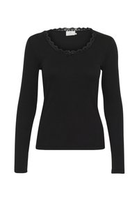 Black long-sleeve top with a ribbed texture, featuring a lace-trimmed round neckline and a small bow accent at the center.