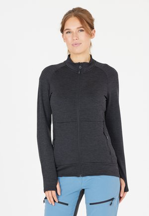 Black, zip-up jacket with a textured, ribbed design. Features a high collar, two front pockets, and long sleeves.