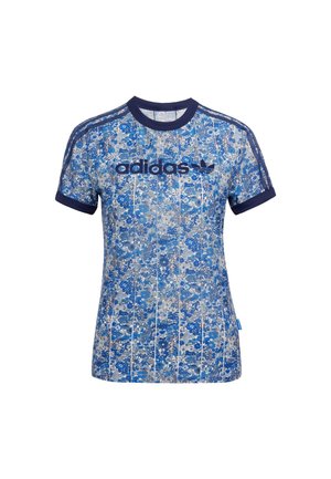 Blå blomsterpræget træningstrøje med korte ærmer, rund halsudskæring og marineblå ribbede detaljer. Har "adidas" logo i mørkeblå.