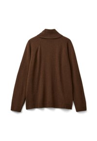 Brauner Strickpullover mit hohem Rippkragen, Raglanärmeln und gerippten Säumen. Verfügt über eine weiche Textur und eine lockere Passform.