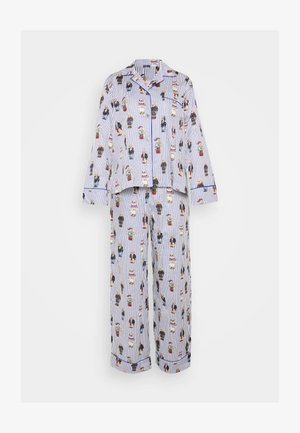 Conjunto de pijama a rayas que incluye una camisa con botones y pantalones a juego, hechos de algodón, decorados con personajes de dibujos animados con diversos atuendos.