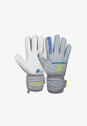 Gants de gardien de but gris avec des paumes en latex blanc, des dos texturés gris et des accents éclatants. Les caractéristiques incluent un soutien des doigts et une sangle de poignet ajustable.