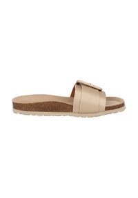 Sandale slide beige avec une large sangle unique et une boucle métallique. Semelle en liège et semelle en caoutchouc texturée. Finition en cuir lisse.