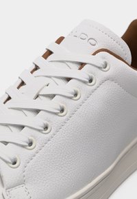 Baskets en cuir blanc avec lacets blancs, œillets argentés, doublure marron et logo "ALDO" embossé sur la languette.