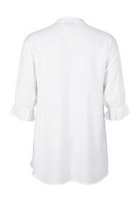 Witte blouse van lichtgewicht stof, driekwart mouwen met elastische geruite manchetten, ronde halslijn, iets gebogen zoom.