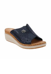 Sandalo con zeppa in suede blu navy, con punta aperta, caratterizzato da un accento decorativo in metallo argentato e una suola intermedia in sughero testurizzato.