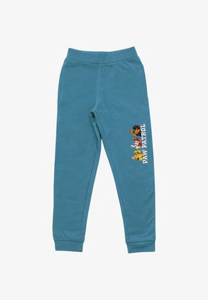 Blue children's sweatpants with Paw Patrol characters and logo printed on the right leg, featuring an elastic waistband and cuffs.